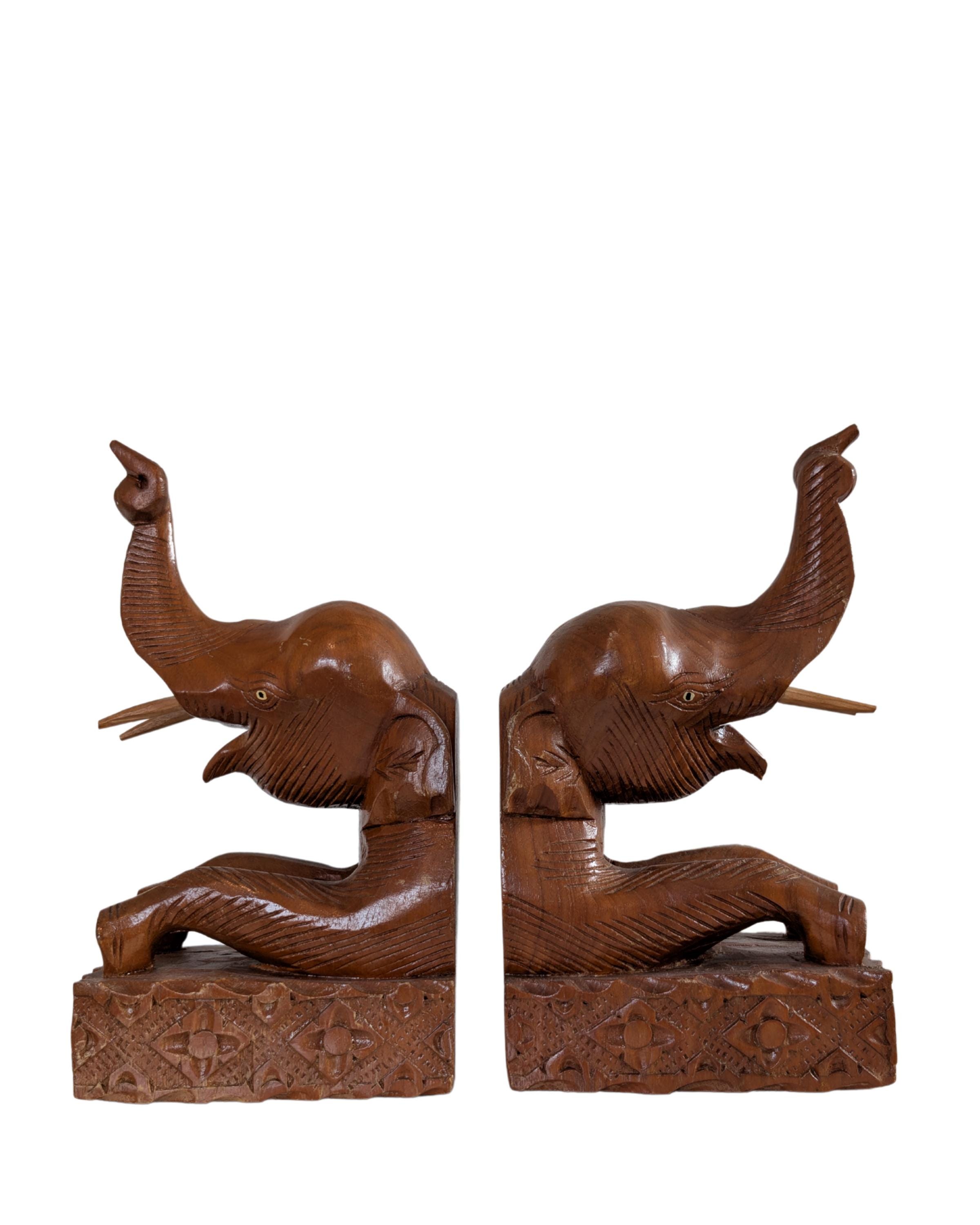 手彫り木製象のブックエンド – 2個セット、高さ24.5cm - Etsy 日本