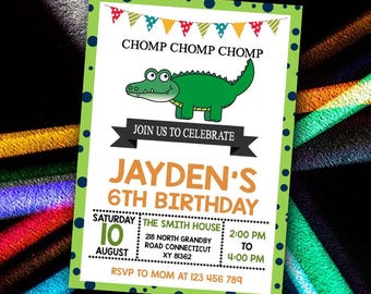 May include: Green and orange birthday invitation with a cartoon alligator. The invitation says "Jayden's 6th Birthday" and includes the date, time, and location of the party. RSVP information is also included.
