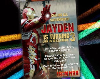 Invitación de cumpleaños de superhéroe con temática de Iron Man (archivo JPEG)