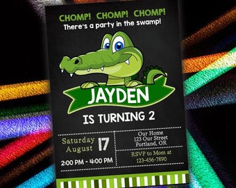 May include: A green alligator birthday party invitation with a chalkboard background. The invitation says "CHOMP! CHOMP! CHOMP! There's a party in the swamp!" and "JAYDEN IS TURNING 2". The invitation also includes the date, time, and location of the party.