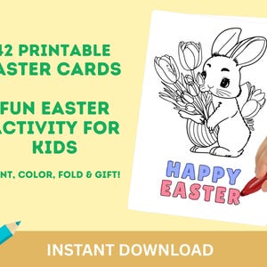 42 biglietti da colorare di Pasqua stampabili per bambini / biglietto di auguri pieghevole A4 / download immediato / attività di Pasqua per bambini / lavoretti fai da te