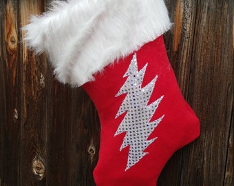 GD13 Point Lightning Bolt Stocking in Red or Green Fleece with White Sequin Bolts on Both Sides and Faux Fur Trim