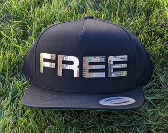 Free Flat Brim Cotton Hat in Black with Super Reflective Writing and Snap Back Fit