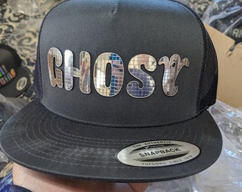 Ghost Flat Brim Hat in Grey cotton mesh backwith Super Reflective Writing and Snap Back Fit