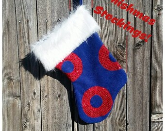 Fishman Stocking in Navy Blue Fleece with Red Sequin Donuts on Both Sides and Faux Fur Trim