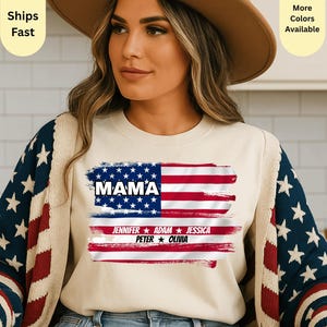 Personalized Mama Shirt With kids Name Flag Shirt Customized New Grandma Comfort Colors 4th of July Independence day Tee USA Lovers TShirt