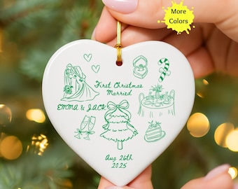 First Christmas Married Ornament, Custom Wedding Date Ornament Doodle, Mr And Mrs Ornament, Personalized Married Gift For Newlywed Couple