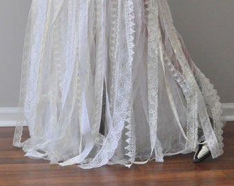 White Crinkled Taffeta /Tulle Shredded Lace Wrap Skirt, Steampunk Bohemian Gypsy, Belly Dance, Wedding Skirt, Bridesmaid