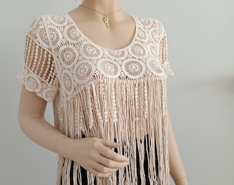 Boho Style, Ivory Lace Fringe Top, Hippie Boho Bohemian, Feminine Clothing, Boho Tops for Women, Blouse, Summer Top, Summer Vacation Wear