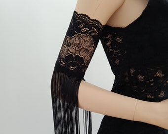 Boho Victorian Detachable Sleeves - Detachable Bicep Black Lace / Fringe Sleeves, Off Shoulder Bohemian Wedding Sleeves, Halloween costume