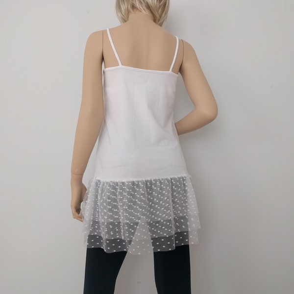 Shirt Extender White Dot Tulle Camisole, Top Slip Extender, Dress Extenders, White Lace Top Extender, Size S-3XL