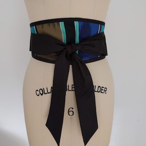 Japanese Obi Belt - Figure slimmer - Waist cinched - Reversible Black Blue Green Strips Cotton, Black Strips Cotton Obi Belt, Wrap Belt