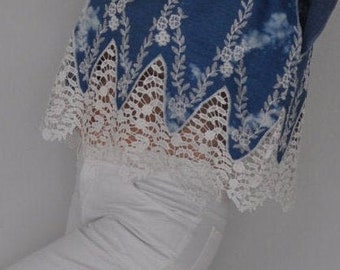 Blue/White Light Weight Embroidered Scalloped Eyelet Lace Cotton Tunic, Blouse, Top, Summer Blouse, Summer Vacation Wear