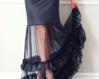 Slip Extender - Black Lace Tulle Ruffle Long Tiered Steampunk Gothic Petticoat Slip Skirt Slip Extender Wedding Bridesmaid, Halloween