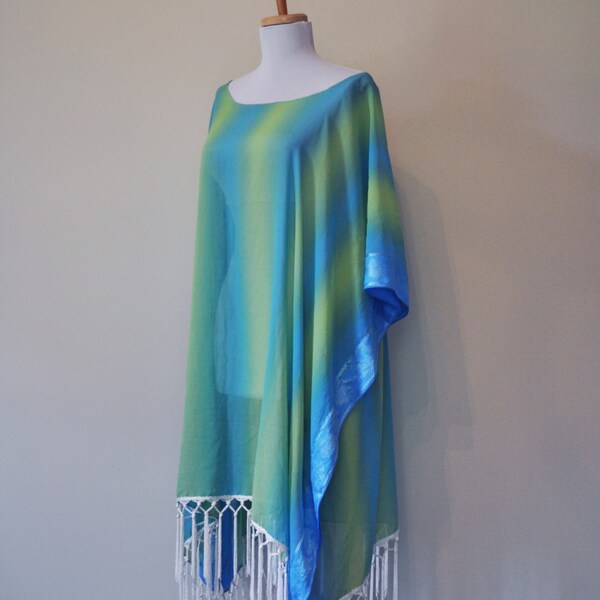 Blue/Green Stripes Chiffon Fringe Tunic, Kimono, Dress, Caftan, Summer Tunic, Summer Vacation Wear,  Beach Wear, Beach cover up