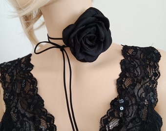 Rosette Wrap Necklace | Romantic Black Satin Rose Flower Choker | Gothic Necklace | Rose Choker | Gift For Her | Halloween Accessories