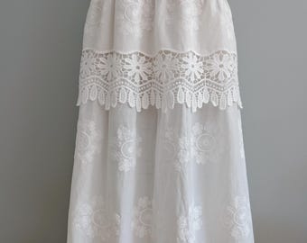 Handmade embroidered white cotton long skirt, Ruffles Lace White Cotton Skirt, Summer Cotton Skirt, Size S- M