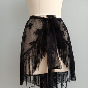 Boho Black Lace Fringe Wrap Skirt| Woman Shabby Faerie Hippie Boho Skirt | Dance Hip Skirt | Asymmetrical Hem Skirt, Costume |Waist 25&quot;-36&quot;