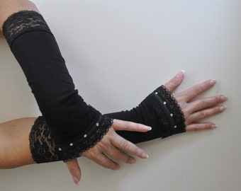 Elegant Gothic Black Lace Armwarmers Gloves, Romantic Mittens, Baroque, Victorian Lace Armwarmers, Christmas, Halloween Party