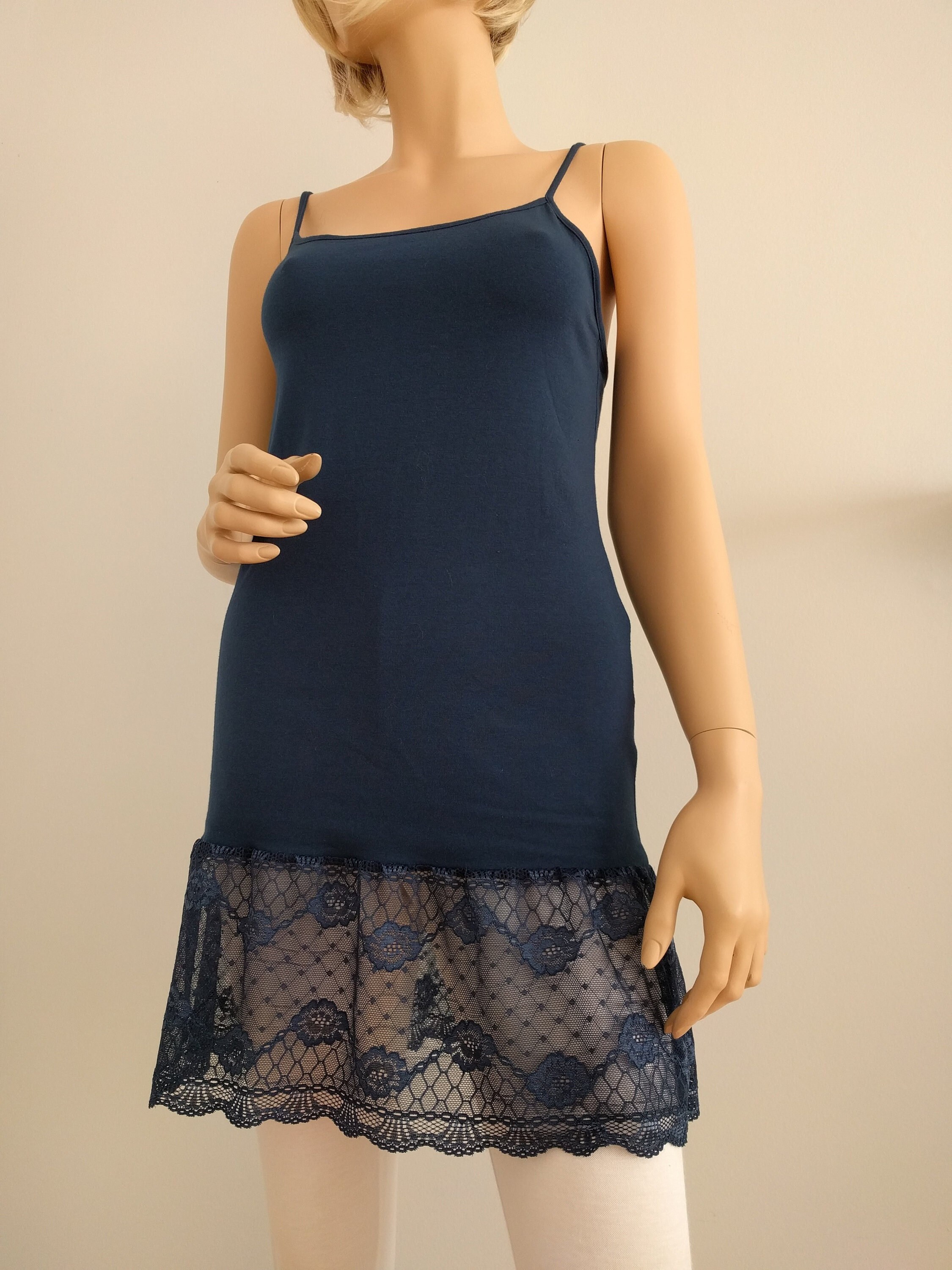 navy blue dress extender Women's Adjustable Knit Layering Full Slip with Lace Extender (Small, Circle lace-Navy) at Amazon Women's Clothing store