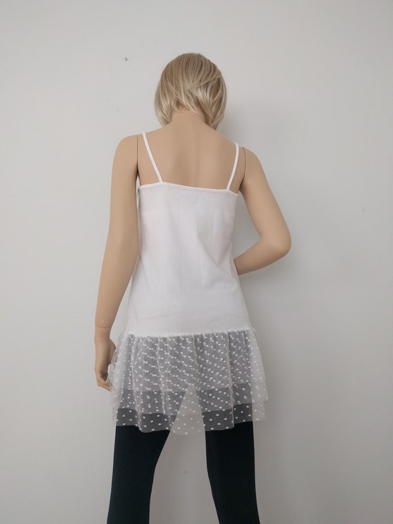Shirt Extender White Dot Tulle Camisole, Top Slip Extender, Dress Extenders,  White Lace Top Extender, Size S-3XL 