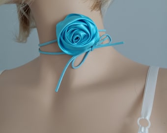 Blue Rosette Wrap Choker | Romantic Rose Blue Satin Flower