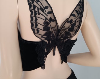 Boho Style, Black Velvet Butterfly Lace Top, Hippie Boho Bohemian, Boho Tops for Women, Summer Vacation Top Wear, Gift for Her, Size S Gift