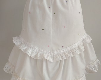 Handmade White Denim Cotton Pockets Knee Skirt, Ruffles White Cotton Skirt,  Size M