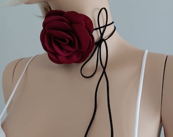 Rosette Wrap Necklace | Romantic Burgundy Satin Rose Flower Choker | Rose Choker | Gift For Her | Wedding | Halloween Accessories