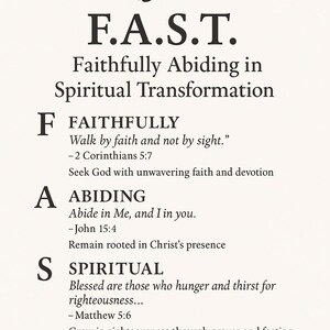 May include: A cream-colored poster with black text and a dove illustration. The text reads "F.A.S.T. Faithfully Abiding in Spiritual Transformation" with definitions for each letter: Faithfully, Abiding, Spiritual, and Transformation.