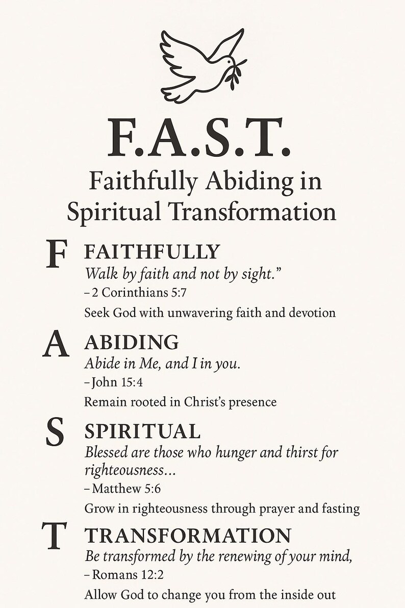 May include: A cream-colored poster with black text and a dove illustration. The text reads "F.A.S.T. Faithfully Abiding in Spiritual Transformation" with definitions for each letter: Faithfully, Abiding, Spiritual, and Transformation.