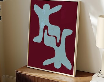May include: Abstract art print featuring two stylized figures in a light blue color against a deep burgundy background. The figures are overlapping and appear to be dancing or interacting with each other.