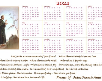 2024 Calendar St Francis Printable Download St Francis Assisi Prayer  Religious Quote, Hope, Love,Peace Prayer