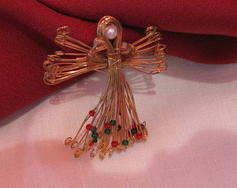 Angel Brooch/ Vintage  Gold Filled Wire Wrap Angel Brooch with Pearl and Red and Green beads