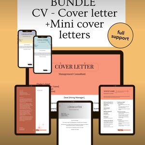 May include: A digital bundle of CV and cover letter templates displayed on various devices. The text includes "BUNDLE CV - Cover letter +Mini cover letters" and "COVER LETTER" on a peach and white background.