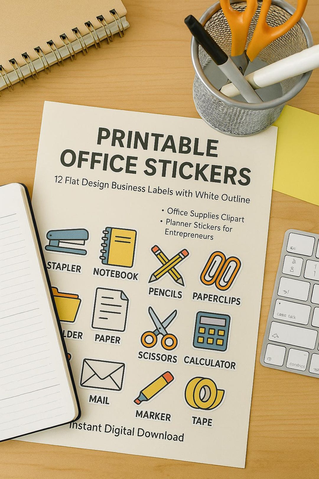 Printable Office Stickers: Flat Design Business Labels (PNG Digital ...