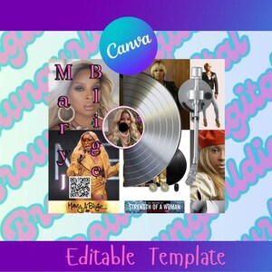 May include: A digital template with images of Mary J. Blige, a vinyl record, and the Canva logo. Text includes "Mary J. Blige", "Strength of a Woman", and "Editable Template" on a pastel background.