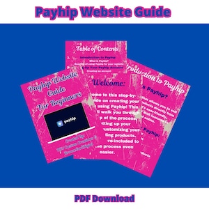 Puede incluir: Un gráfico rosa y azul que promociona una Guía del sitio web de Payhip. La guía incluye una tabla de contenido, introducción e instrucciones para principiantes. La guía está disponible como descarga en PDF.