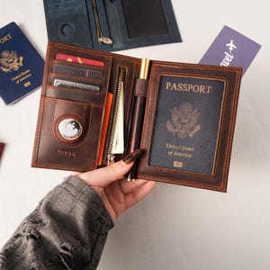 Personalized Leather Passport Holder with RFID & AirTag Compatibility | Custom Travel Wallet, Christmas Gift for him