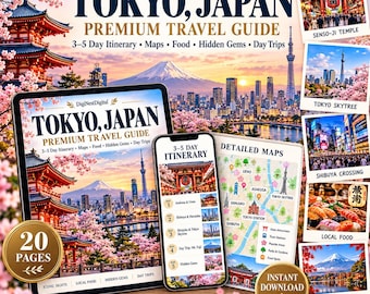 May include: A digital Tokyo, Japan premium travel guide featuring a 3-5 day itinerary, maps, food, and hidden gems. The guide includes 20 pages, detailed maps, and photos of Senso-ji Temple, Tokyo Skytree, Shibuya Crossing, and local food.