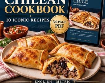 Può includere: Un ricettario digitale intitolato Chilean Cookbook 10 Iconic Recipes 34-Page PDF con un tablet che mostra empanadas dorate ripiene di carne, olive e uova sode, accanto a un piatto con tre empanadas intere.