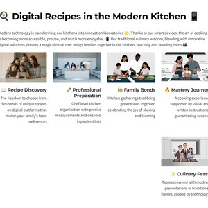Puede incluir: Ilustraci&oacute;n de una cocina moderna con cinco secciones diferentes que resaltan los beneficios de usar recetas digitales. Las secciones se titulan "Descubrimiento de recetas", "Preparaci&oacute;n profesional", "Lazos familiares", "Viaje de maestr&iacute;a" y "Fest&iacute;n culinario".