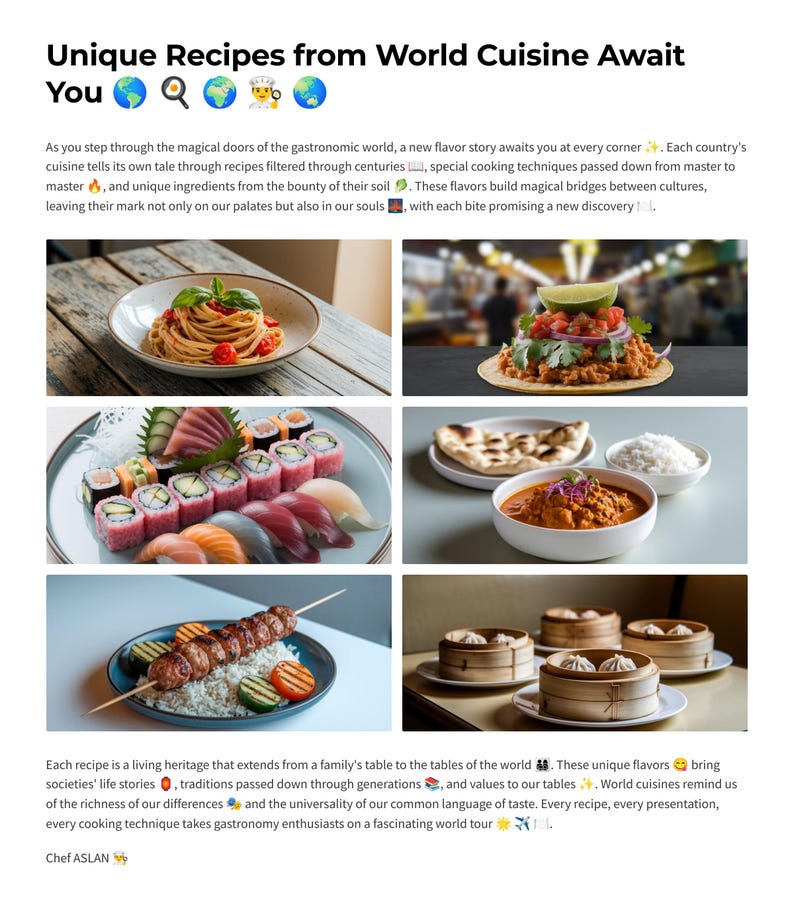 Puede incluir: Un collage de seis im&aacute;genes que muestran diferentes cocinas de todo el mundo. Las im&aacute;genes incluyen pasta con salsa de tomate, sushi, pan naan con curry, alb&oacute;ndigas, una brocheta de carne a la parrilla y un taco con ingredientes. El texto "Unique Recipes from World Cuisine Await You" est&aacute; en la parte superior del collage.