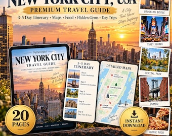 May include: A digital New York City travel guide featuring a 20-page layout with a 3-5 day itinerary, detailed maps, and photos of the Brooklyn Bridge, Times Square, Central Park, DUMBO, and pizza. The guide includes text about iconic sights.
