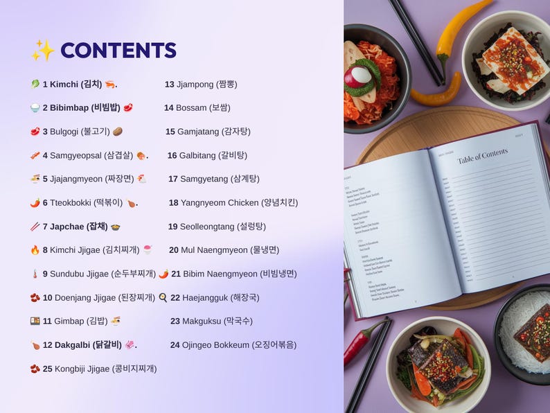 Puede incluir: Un libro de cocina morado y blanco con una tabla de contenido y una lista de platos coreanos con sus nombres coreanos y traducciones al ingl&eacute;s. El libro est&aacute; abierto en la p&aacute;gina de la tabla de contenido. Hay varios cuencos de comida coreana en la mesa, incluyendo bibimbap, japchae y kimchi.