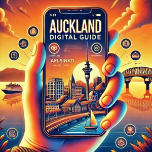 Puede incluir: Una guía digital para Auckland, Nueva Zelanda, que se muestra en un teléfono inteligente sostenido por una mano. La guía presenta una ilustración colorida del horizonte de la ciudad, incluida la Sky Tower, y el texto "AUCKLAND DIGITAL GUIDE".