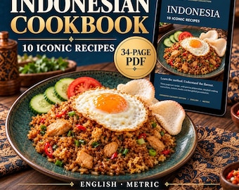 May include: A digital Indonesian cookbook PDF featuring 10 iconic recipes. The cover displays a plate of fried rice topped with a fried egg, cucumber, and crackers. Text includes DIGINESTDIGITAL, INDONESIAN COOKBOOK, 10 ICONIC RECIPES, 34-PAGE PDF, and DIGITAL PDF - NO PHYSICAL PRODUCT.