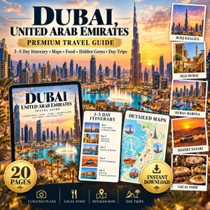 May include: A digital travel guide for Dubai, United Arab Emirates, featuring a 20-page layout with a 3-5 day itinerary, detailed maps, and photos of the Burj Khalifa, Old Dubai, Dubai Marina, desert safari, and local food, with an instant download icon.