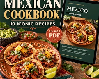 May include: A digital tablet displays a Mexican cookbook cover titled Mexico 10 Iconic Recipes, featuring three tacos on a plate. The screen text includes 34-Page PDF, Learn the method, and Understand the flavour. A physical plate with three tacos sits nearby.