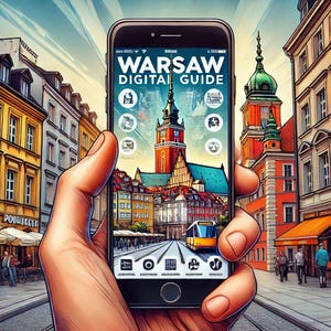 May include: A smartphone displaying a "WARSAW DIGITAL GUIDE" app, showcasing a vibrant cityscape with a church and a yellow tram. The phone is held in a hand, with the city scene visible in the background.